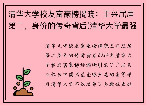 清华大学校友富豪榜揭晓：王兴屈居第二，身价的传奇背后(清华大学最强校友)