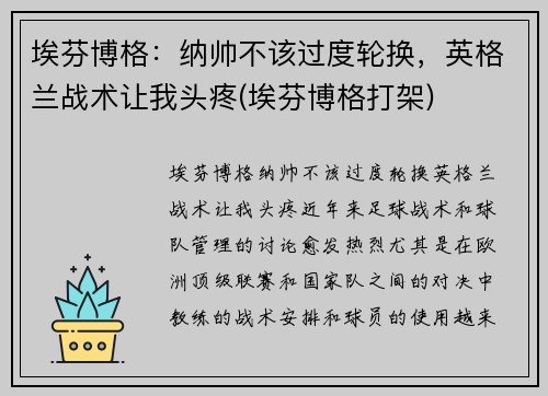埃芬博格：纳帅不该过度轮换，英格兰战术让我头疼(埃芬博格打架)