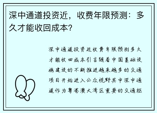 深中通道投资近，收费年限预测：多久才能收回成本？