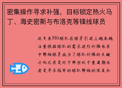 密集操作寻求补强，目标锁定热火马丁、海史密斯与布洛克等锋线球员