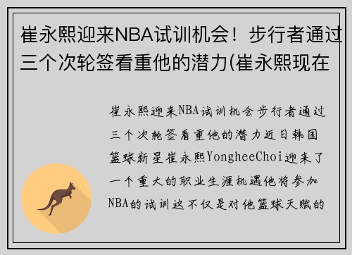 崔永熙迎来NBA试训机会！步行者通过三个次轮签看重他的潜力(崔永熙现在)