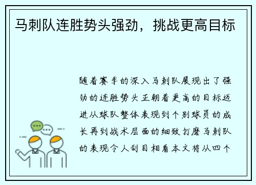 马刺队连胜势头强劲，挑战更高目标
