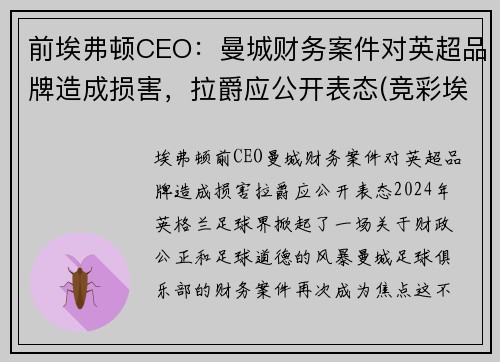 前埃弗顿CEO：曼城财务案件对英超品牌造成损害，拉爵应公开表态(竞彩埃弗顿和曼城)